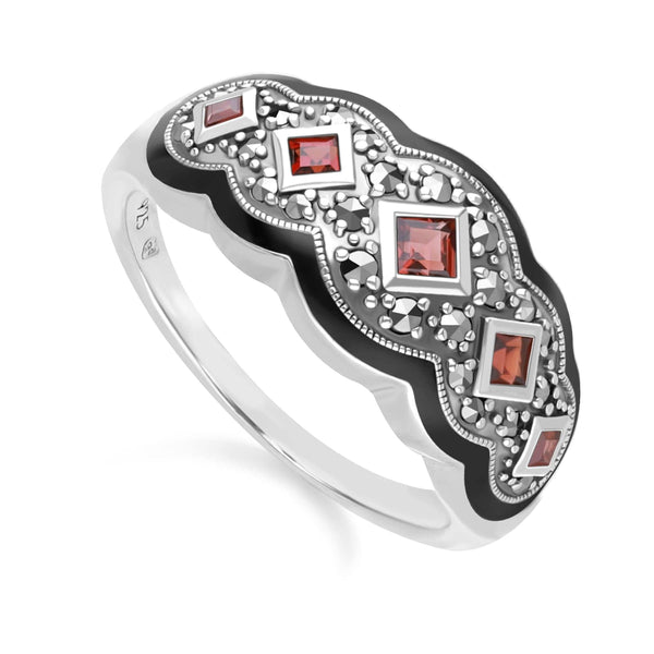 Gemondo Art Deco Style Square Garnet Five Stone And Marcasite Ring In Sterling Silver