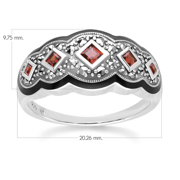 Gemondo Art Deco Style Square Garnet Five Stone And Marcasite Ring In Sterling Silver