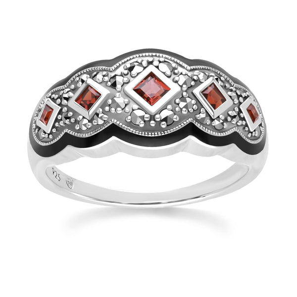 gemondo Art Deco Style Square Garnet Five Stone and Marcasite Ring in Sterling Silver