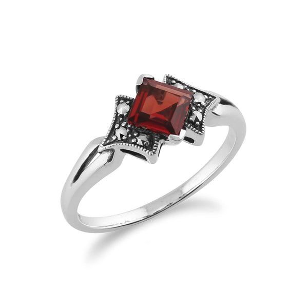 Gemondo Art Deco Style Square Garnet & Marcasite Ring In 925 Sterling Silver