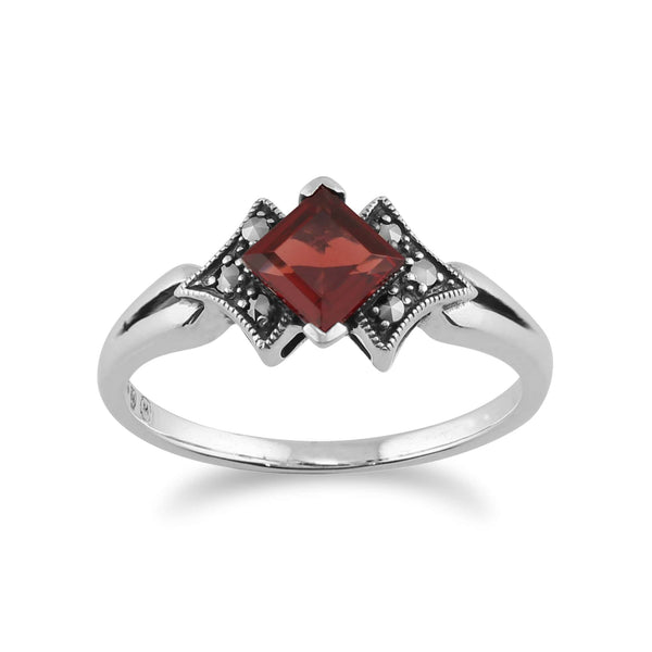gemondo Art Deco Style Square Garnet & Marcasite Ring in 925 Sterling Silver