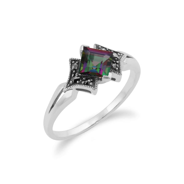 Gemondo Art Deco Style Square Mystic Topaz & Marcasite Ring In 925 Sterling Silver