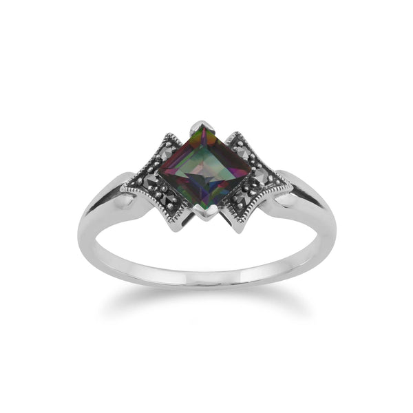 gemondo Art Deco Style Square Mystic Topaz & Marcasite Ring in 925 Sterling Silver