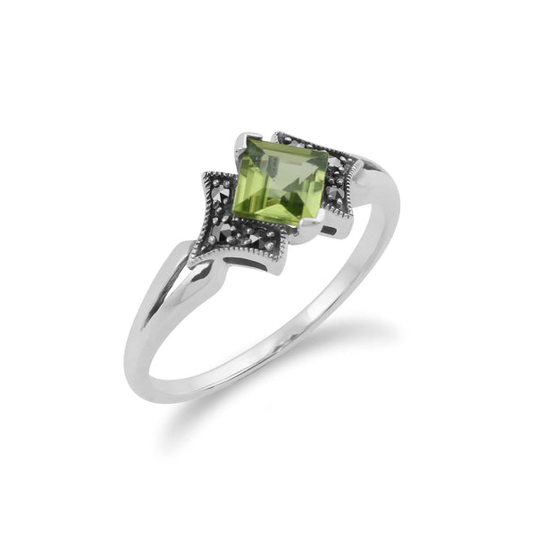 Gemondo Art Deco Style Square Peridot & Marcasite Ring In 925 Sterling Silver