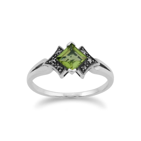 gemondo Art Deco Style Square Peridot & Marcasite Ring in 925 Sterling Silver