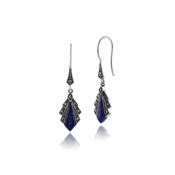 Gemondo Art Deco Style Style Lapis Lazuli & Round Marcasite Fan Drop Earrings & Pendant Set In 925 Sterling Silver