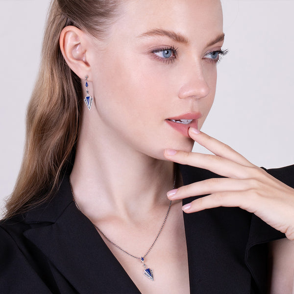 Gemondo Art Deco Style Style Triangle Lapis Lazuli & Marcasite Drop Earrings & Necklace Set In 925 Sterling Silver