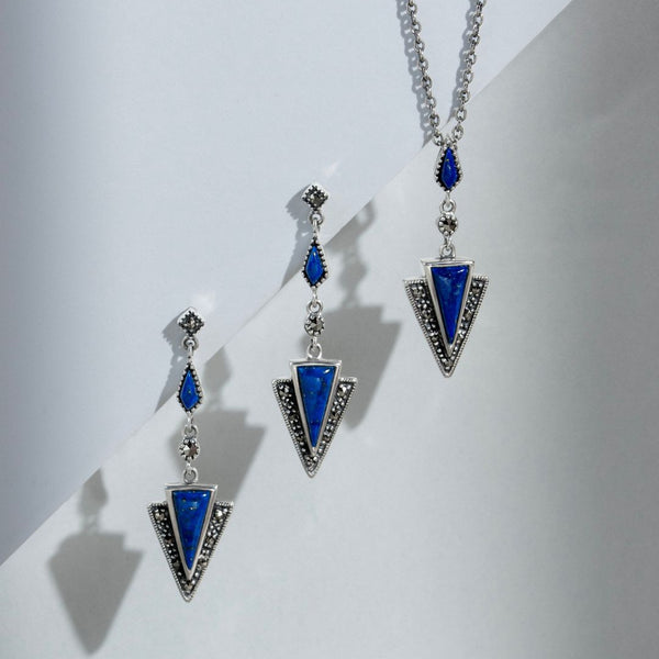 Gemondo Art Deco Style Style Triangle Lapis Lazuli & Marcasite Drop Earrings & Necklace Set In 925 Sterling Silver