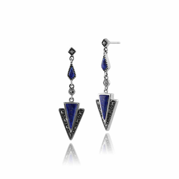 Gemondo Art Deco Style Style Triangle Lapis Lazuli & Marcasite Drop Earrings & Necklace Set In 925 Sterling Silver
