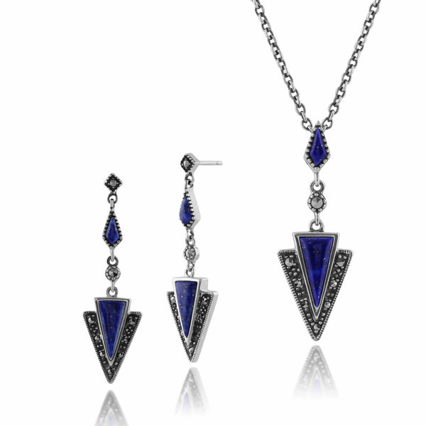 gemondo Art Deco Style Style Triangle Lapis Lazuli & Marcasite Drop Earrings & Necklace Set in 925 Sterling Silver