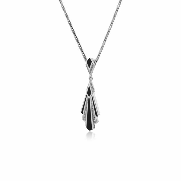 Gemondo Art Deco Style Triangle Black Onyx & Marcasite Fan Pendant In 925 Sterling Silver
