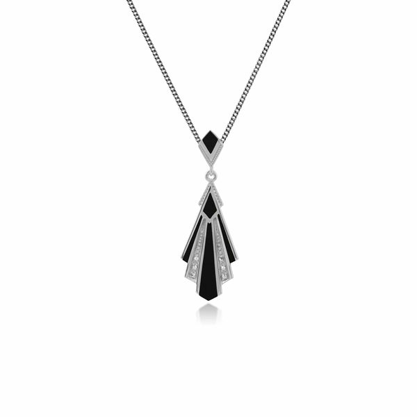 gemondo Art Deco Style Triangle Black Onyx & Marcasite Fan Pendant in 925 Sterling Silver