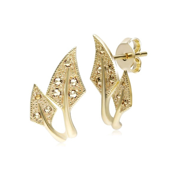gemondo Art Nouveau Inspired Marcasite Leaf Earrings in 18ct Gold Plated Silver
