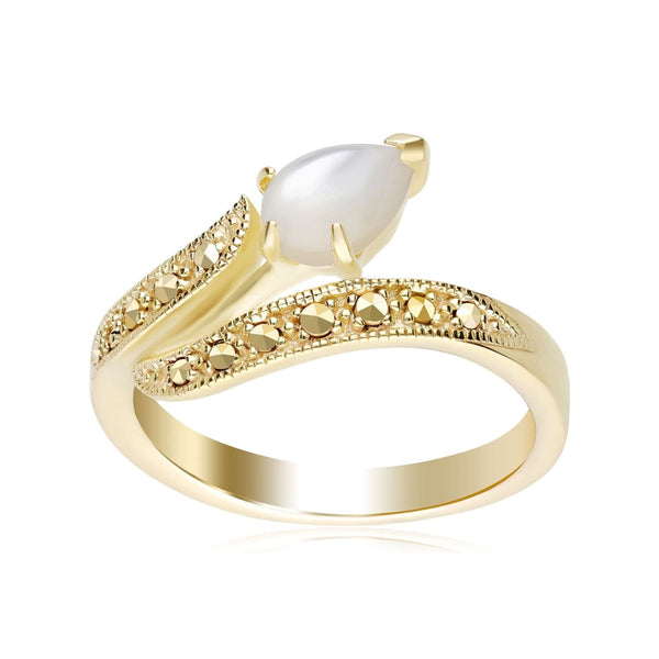 Gemondo Art Nouveau Inspired Mother Of Pearl & Marcasite Twist Ring In 18ct Gold Plated Silver