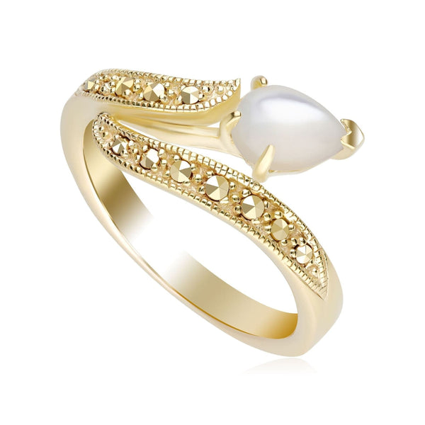 gemondo Art Nouveau Inspired Mother of Pearl & Marcasite Twist Ring in 18ct Gold Plated Silver