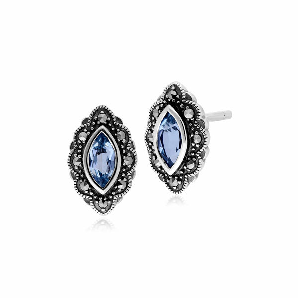 gemondo Art Nouveau Marquise Blue Topaz & Marcasite Stud Earrings in 925 Sterling Silver