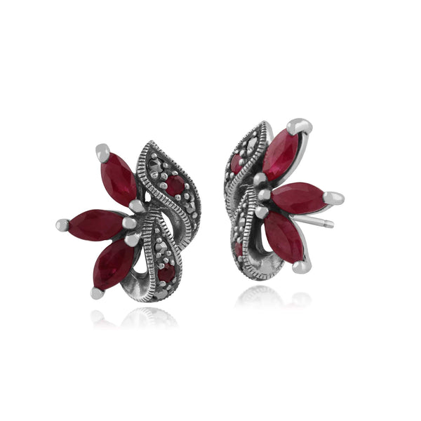 gemondo Art Nouveau Marquise Ruby & Marcasite Leaf Stud Earrings in 925 Sterling Silver