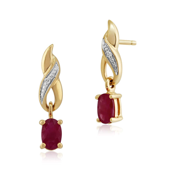gemondo Art Nouveau Oval Ruby & Diamond Drop Earrings in 9ct Yellow Gold