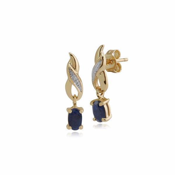 gemondo Art Nouveau Oval Sapphire & Diamond Drop Earrings in 9ct Yellow Gold