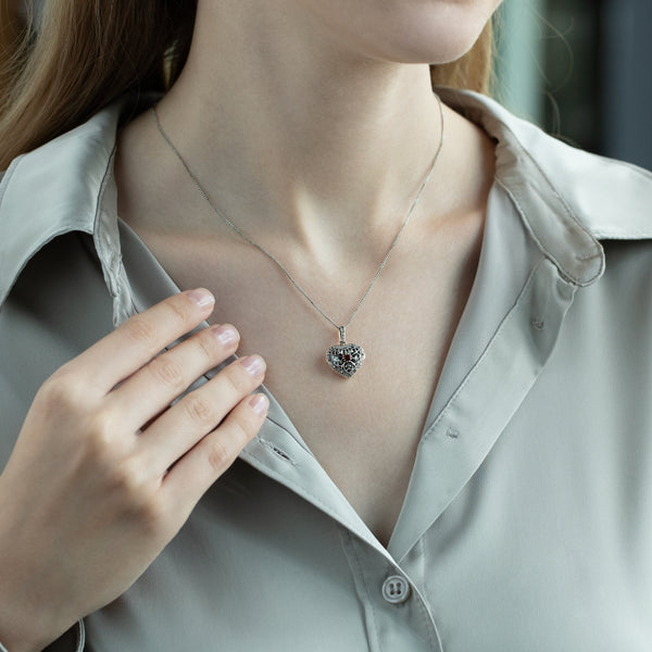 Gemondo Art Nouveau Style Heart Carnelian & Marcasite Locket On Chain In 925 Sterling Silver