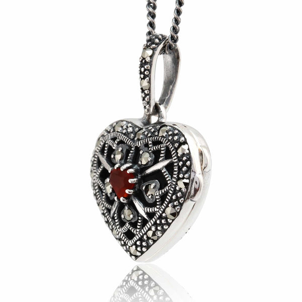 Gemondo Art Nouveau Style Heart Carnelian & Marcasite Locket On Chain In 925 Sterling Silver