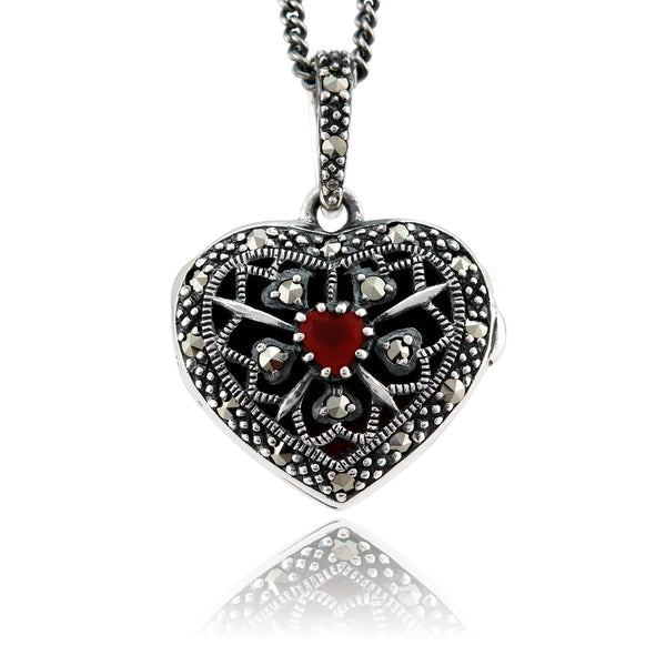gemondo Art Nouveau Style Heart Carnelian & Marcasite Locket on Chain in 925 Sterling Silver