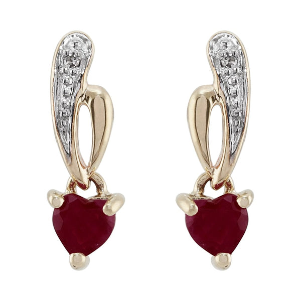 gemondo Art Nouveau Style Heart Ruby & Diamond Drop Earrings in 9ct Yellow Gold