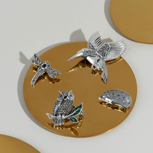 Gemondo Art Nouveau Style Marcasite Amethyst & Enamel Owl Brooch In Sterling Silver