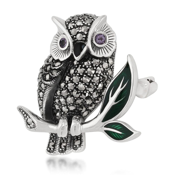 Gemondo Art Nouveau Style Marcasite Amethyst & Enamel Owl Brooch In Sterling Silver