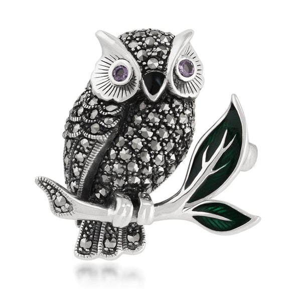 gemondo Art Nouveau Style Marcasite Amethyst & Enamel Owl Brooch in Sterling Silver
