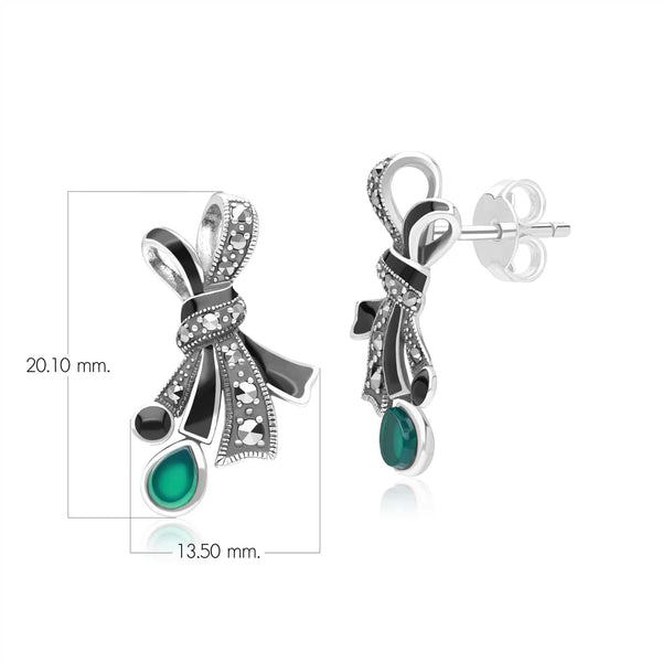 Gemondo Art Nouveau Style Marcasite Chalcedony And Black Enamel Ribbon Bow Stud Earrings In Sterling Silver