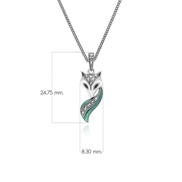 Gemondo Art Nouveau Style Marcasite Green And Black Enamel Fox Pendant Necklace In Sterling Silver