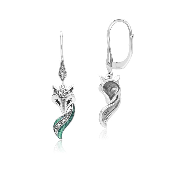 Gemondo Art Nouveau Style Marcasite Green And Black Enamel Fox Drop Earrings In Sterling Silver