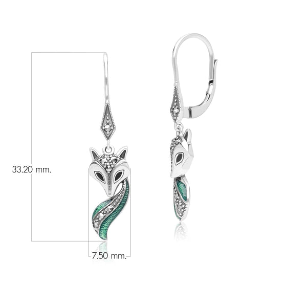 Gemondo Art Nouveau Style Marcasite Green And Black Enamel Fox Drop Earrings In Sterling Silver
