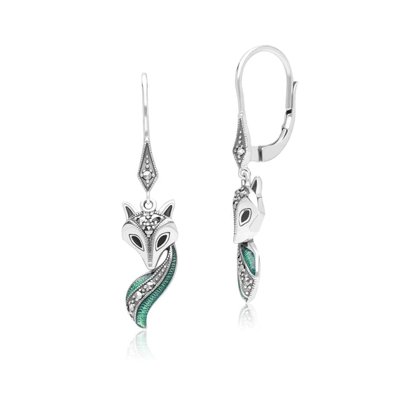 gemondo Art Nouveau Style Marcasite Green and Black Enamel Fox Drop Earrings in Sterling Silver