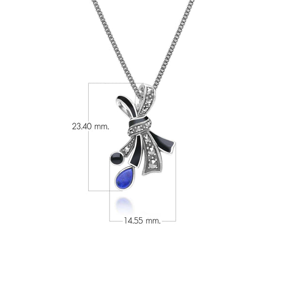 Gemondo Art Nouveau Style Marcasite Lapis Lazuli And Black Enamel Ribbon Bow Pendant Necklace In Sterling Silver