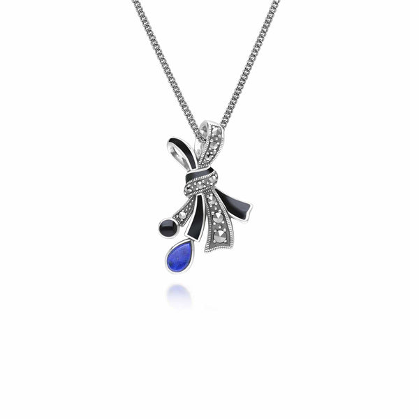 gemondo Art Nouveau Style Marcasite Lapis Lazuli and Black Enamel Ribbon Bow Pendant Necklace in Sterling Silver