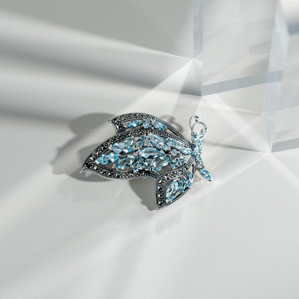 Gemondo Art Nouveau Style Marquise Blue Topaz & Marcasite Flying Butterfly Brooch In 925 Sterling Silver