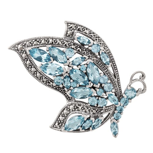 gemondo Art Nouveau Style Marquise Blue Topaz & Marcasite Flying Butterfly Brooch in 925 Sterling Silver