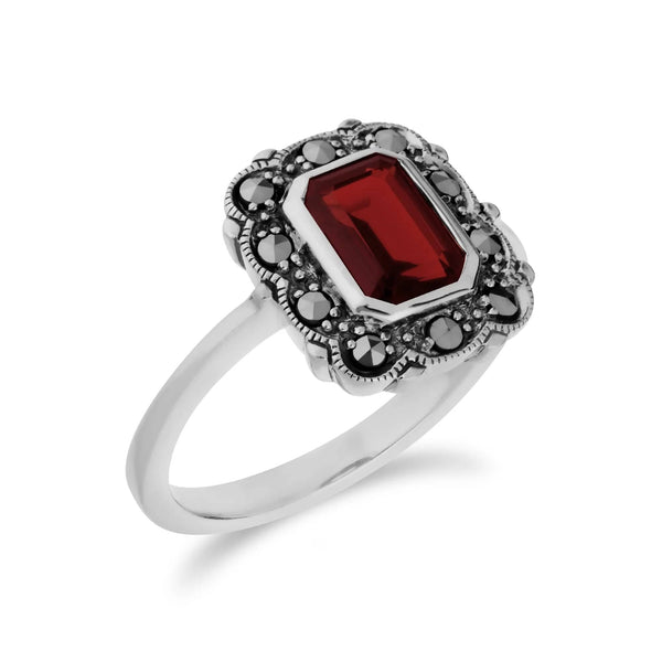 Gemondo Art Nouveau Style Octagon Garnet & Marcasite Border Ring In 925 Sterling Silver