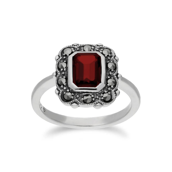 gemondo Art Nouveau Style Octagon Garnet & Marcasite Border Ring in 925 Sterling Silver
