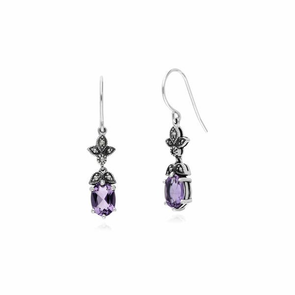 Gemondo Art Nouveau Style Oval Amethyst & Marcasite Drop Earrings In 925 Sterling Silver