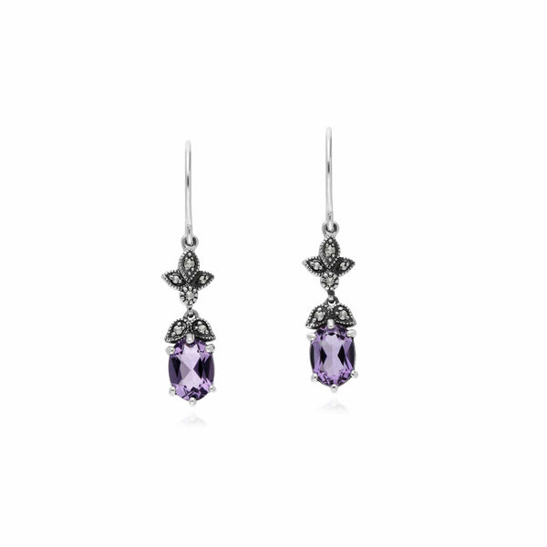 gemondo Art Nouveau Style Oval Amethyst & Marcasite Drop Earrings in 925 Sterling Silver