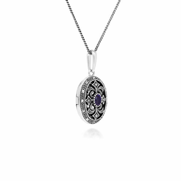 Gemondo Art Nouveau Style Oval Amethyst & Marcasite Locket Necklace In 925 Sterling Silver