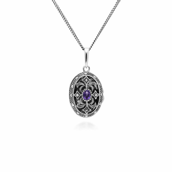 gemondo Art Nouveau Style Oval Amethyst & Marcasite Locket Necklace in 925 Sterling Silver