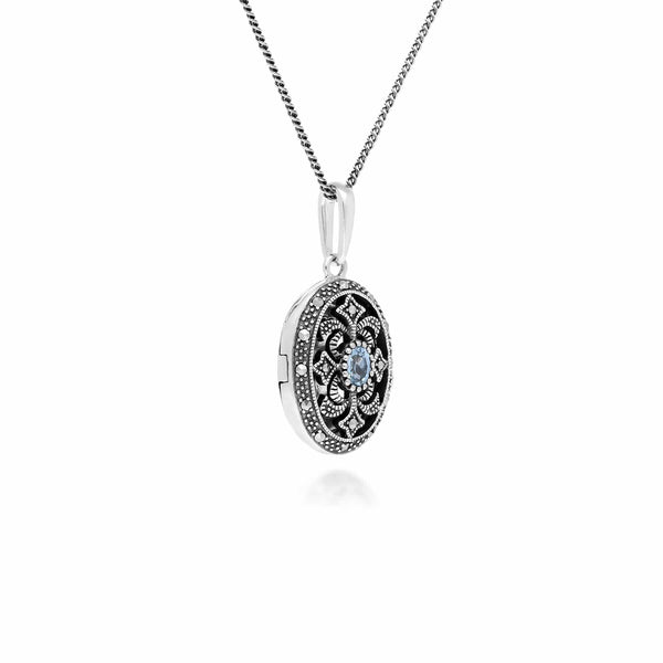 Gemondo Art Nouveau Style Oval Aquamarine & Marcasite Locket Necklace In 925 Sterling Silver