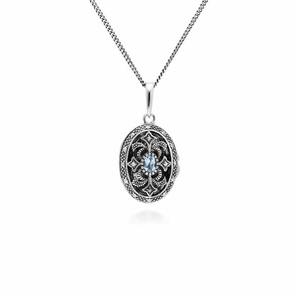 gemondo Art Nouveau Style Oval Aquamarine & Marcasite Locket Necklace in 925 Sterling Silver