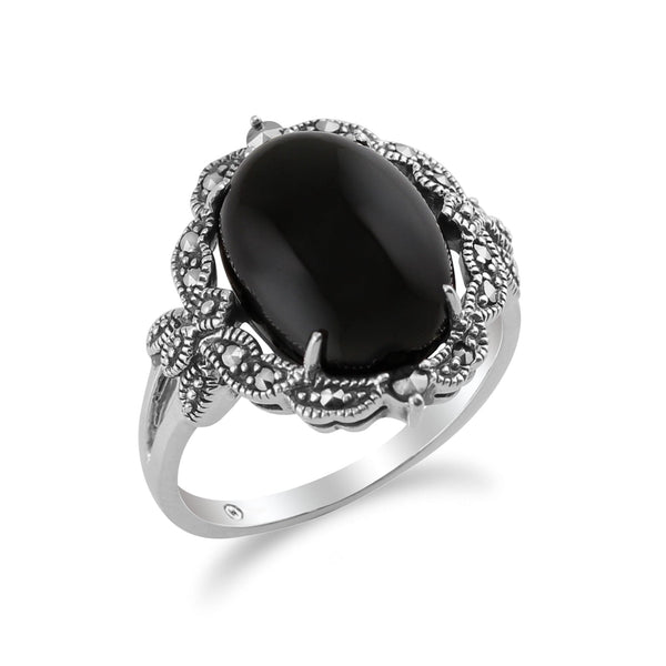 Gemondo Art Nouveau Style Oval Black Onyx Cabochon & Marcasite Statement Ring In 925 Sterling Silver