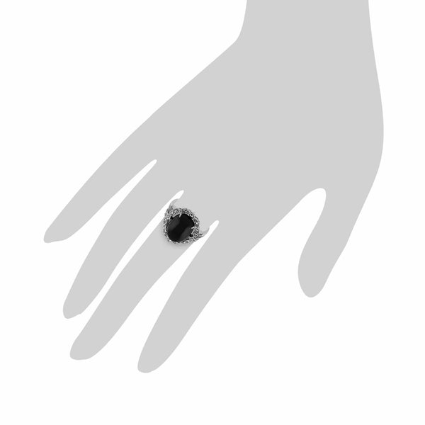 Gemondo Art Nouveau Style Oval Black Onyx Cabochon & Marcasite Statement Ring In 925 Sterling Silver