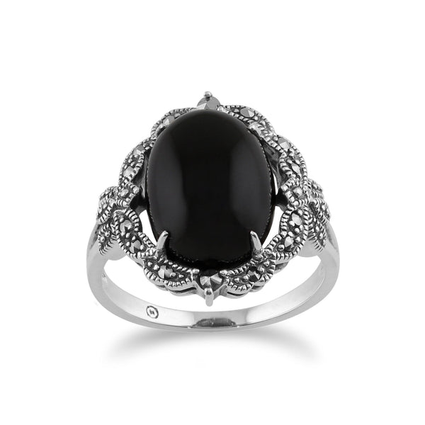 gemondo Art Nouveau Style Oval Black Onyx Cabochon & Marcasite Statement Ring in 925 Sterling Silver